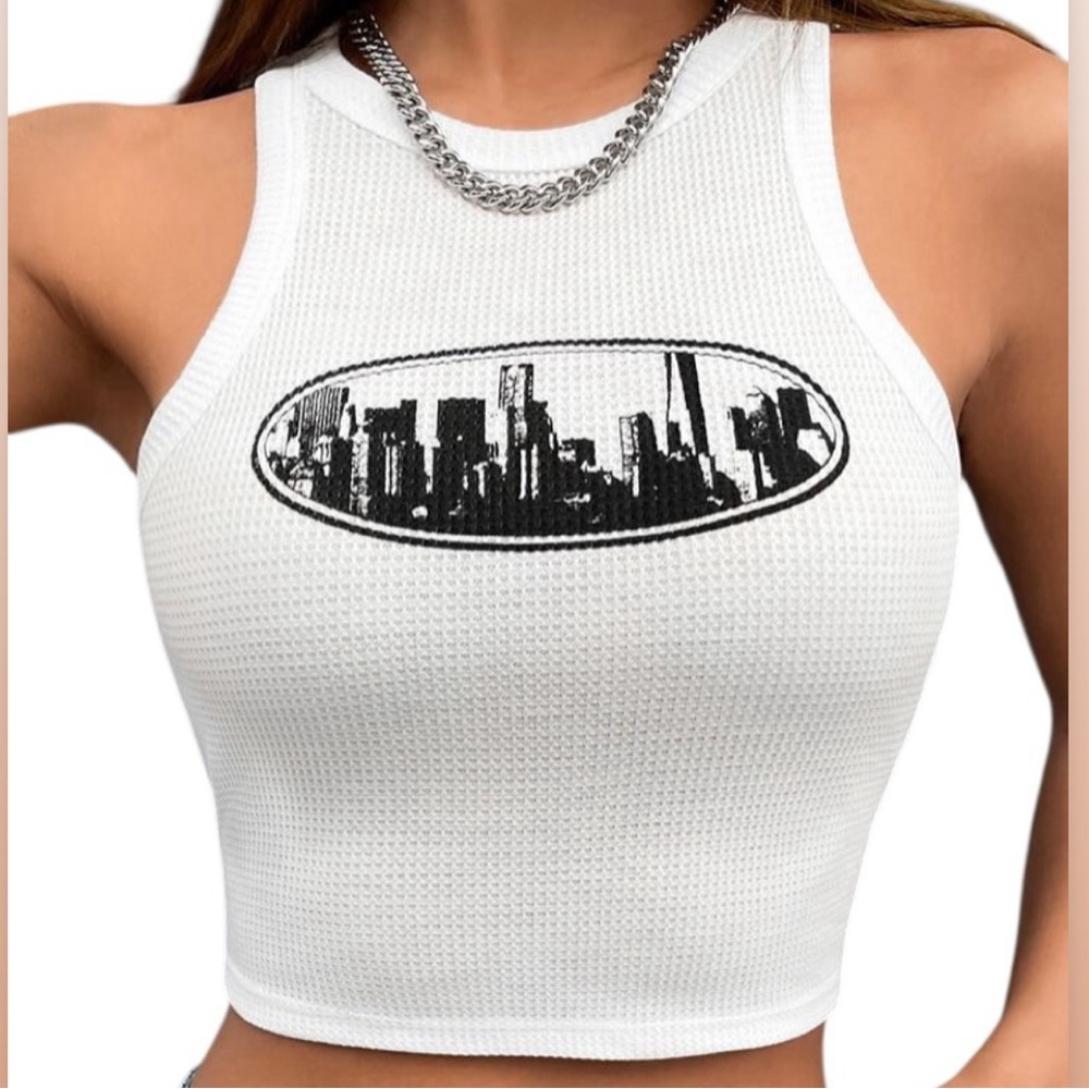 White Waffle Knit Crop Tank Top with Cityscape Graphic Design - Picture 1 of 1